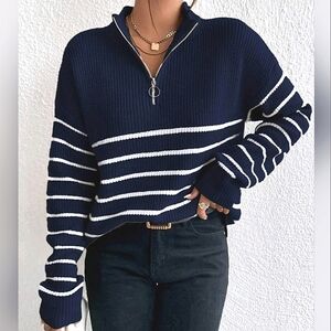 NEW Zip Striped Oversized Knit Pullover Sweater Top Navy Blue White